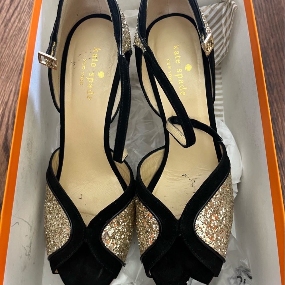 Kate Spade Corinne Black Suede & Gold Glitter Heels Size 7